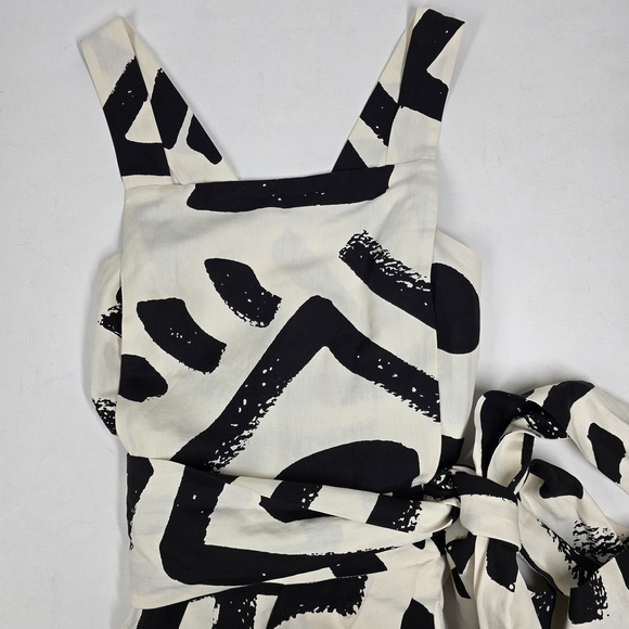 WHIT B&W Abstract Print Midi Dress XS Linen Silk Tie Waist Tulip Skirt BeachBoho - Picture 4 of 14